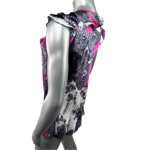 Dress Barn | Ruffle Detail Pink & Black Sleeveless Blouse Silky Paisley Print XL - Picture 8 of 13